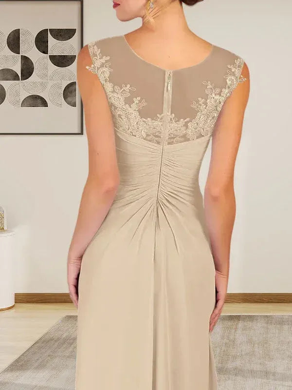Romantic A-Line Round Neck Sleeveless Lace Champagne Asymmetrical Mother of the Bride Dress