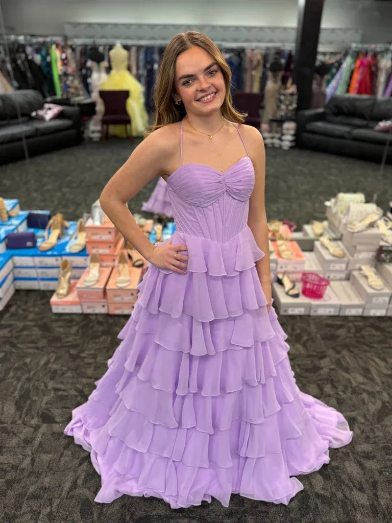 Romantic A-Line Spaghetti Strap Tiered Ruffle Chiffon Lavender Long Prom Dress