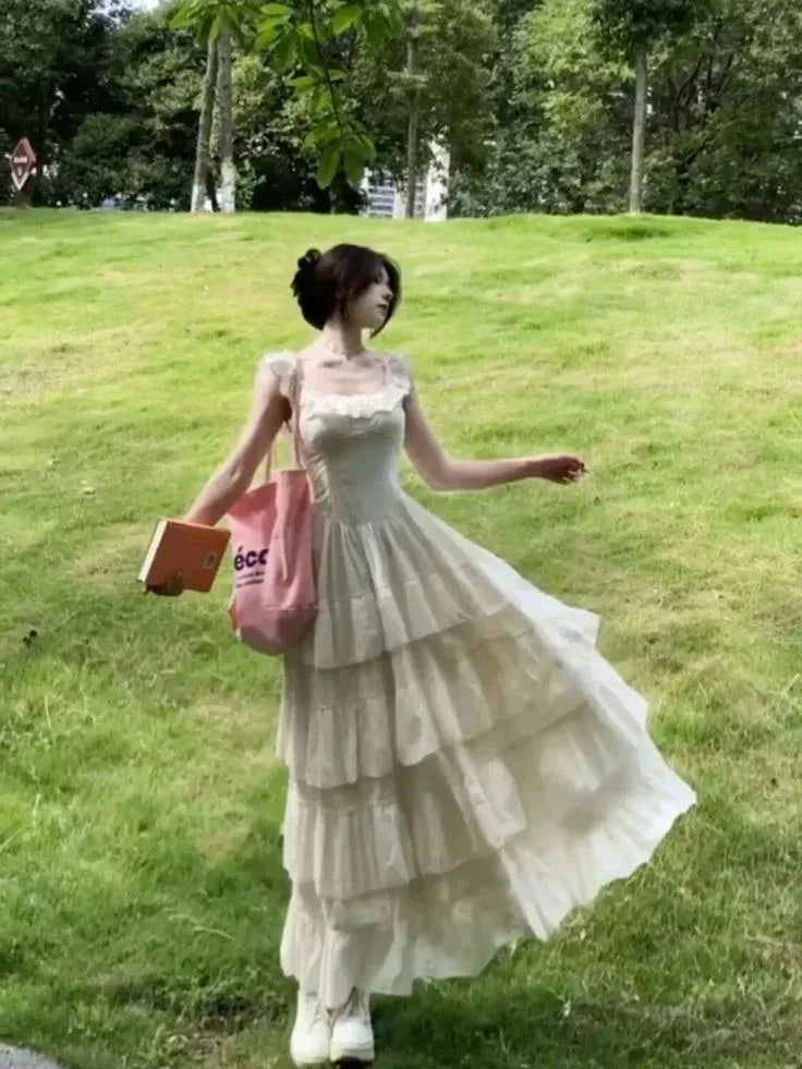 Romantic A-Line Square-Neck Ruffled Lace Cream Maxi Evening Dress for Women