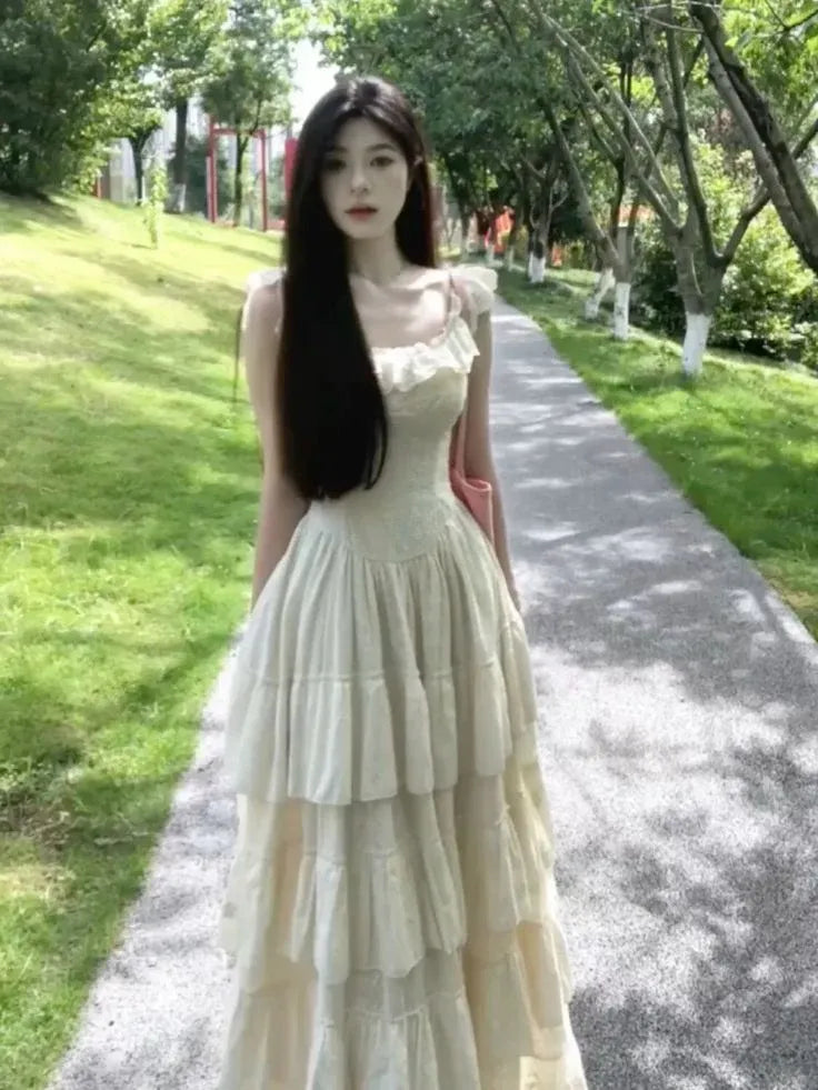 Romantic A-Line Square-Neck Ruffled Lace Cream Maxi Evening Dress for Women