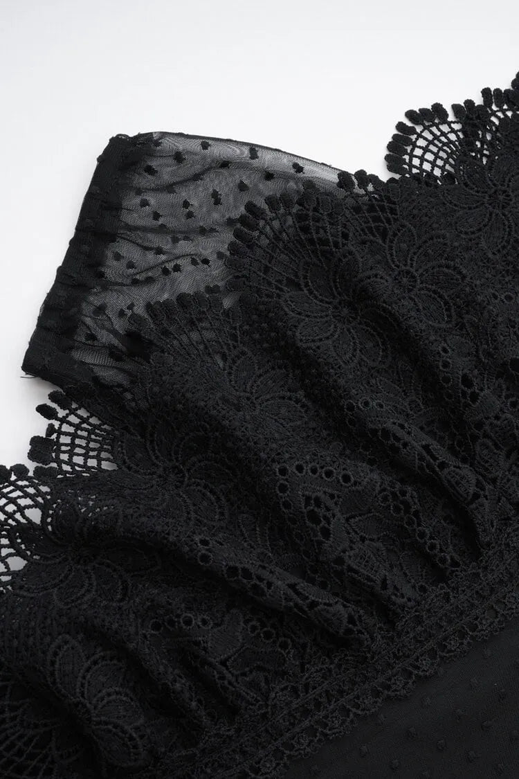 Romantic A-Line Square-Neck Short-Sleeve Lace-Polka-Dot Black Midi Evening Dress for Women