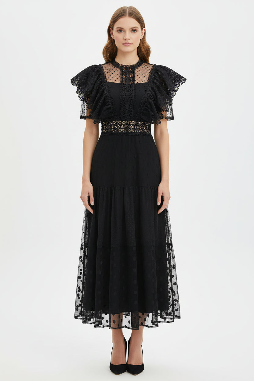 Romantic A-Line Square-Neck Short-Sleeve Lace-Polka-Dot Black Midi Evening Dress for Women