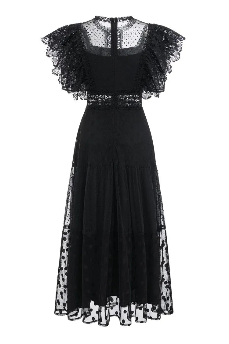 Romantic A-Line Square-Neck Short-Sleeve Lace-Polka-Dot Black Midi Evening Dress for Women