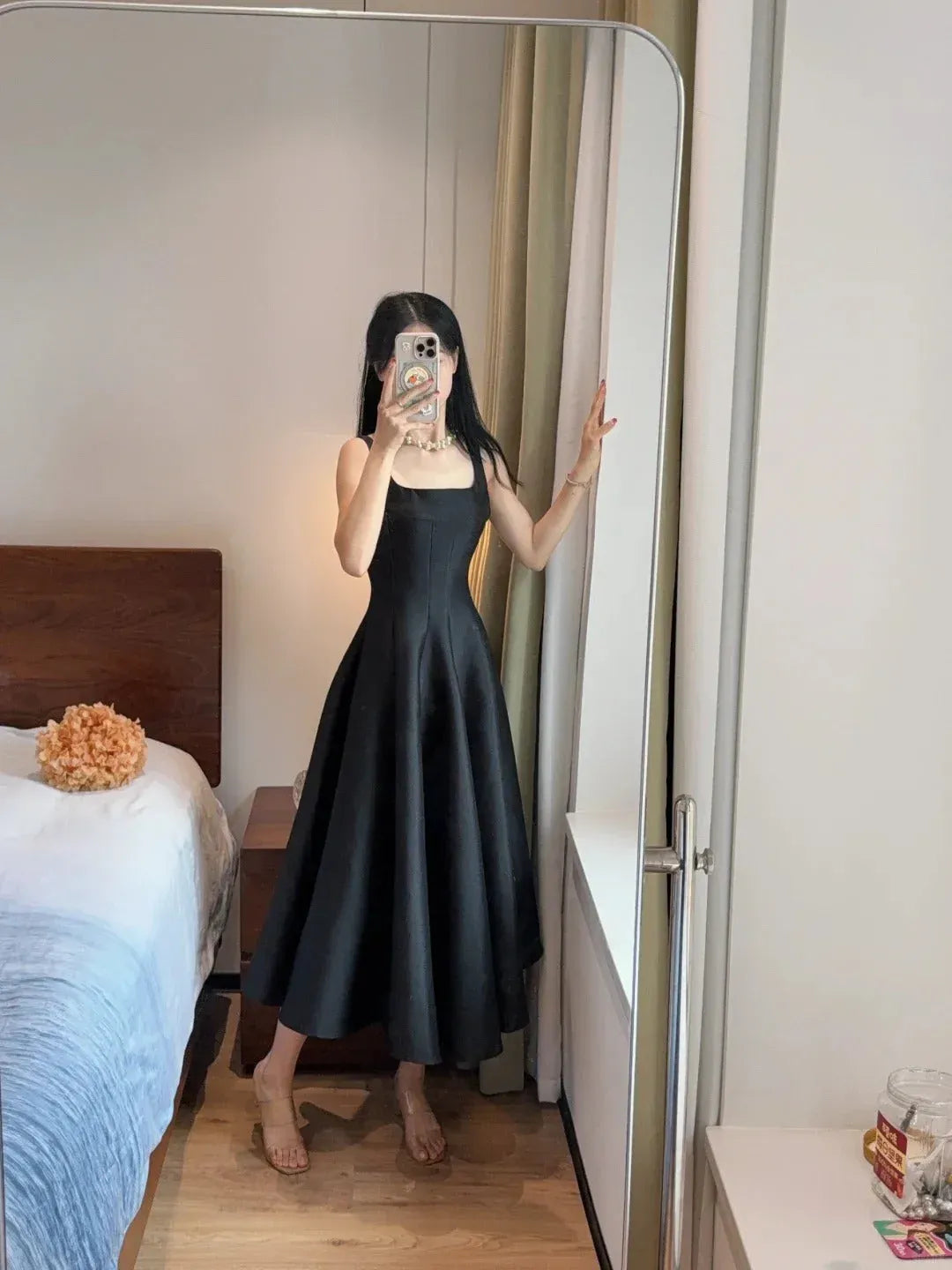 Romantic A-Line Square-Neck Sleeveless Blush Midi Prom Dress for Women ready to ship