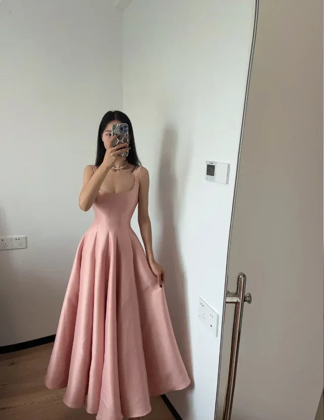 Romantic A-Line Square-Neck Sleeveless Blush Midi Prom Dress for Women ready to ship