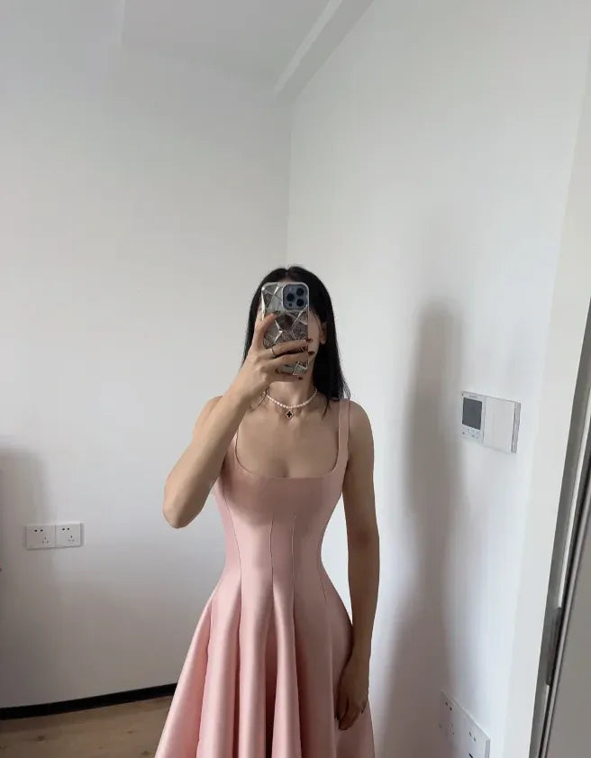 Romantic A-Line Square-Neck Sleeveless Blush Midi Prom Dress for Women ready to ship