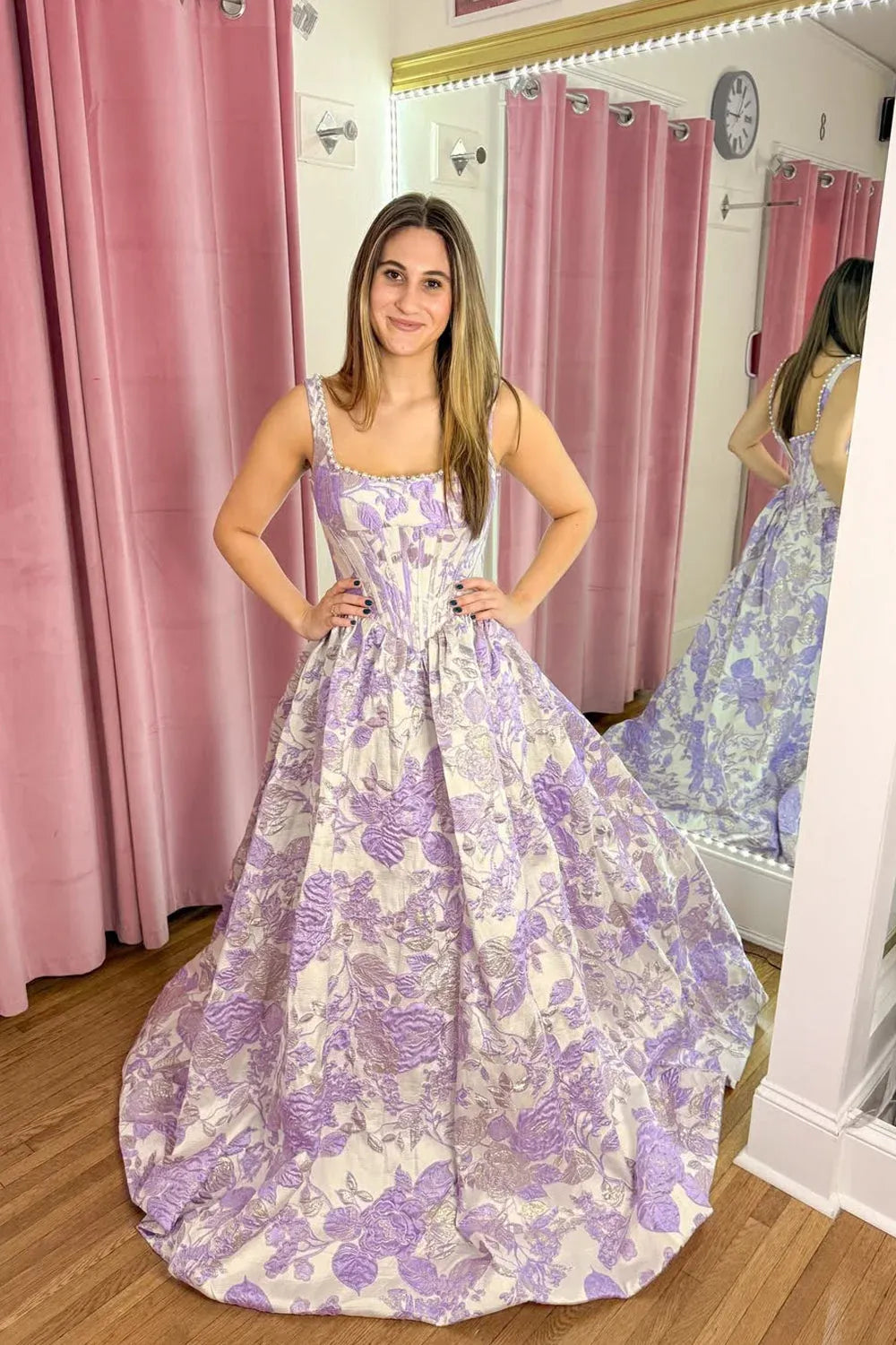Romantic A-Line Square Neck Floral Jacquard Lavender Floor-Length Prom Dress