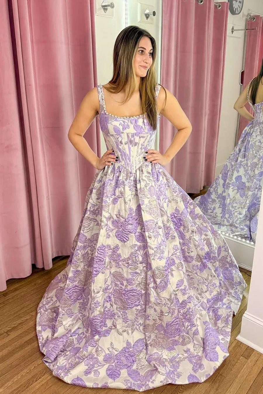 Romantic A-Line Square Neck Floral Jacquard Lavender Floor-Length Prom Dress