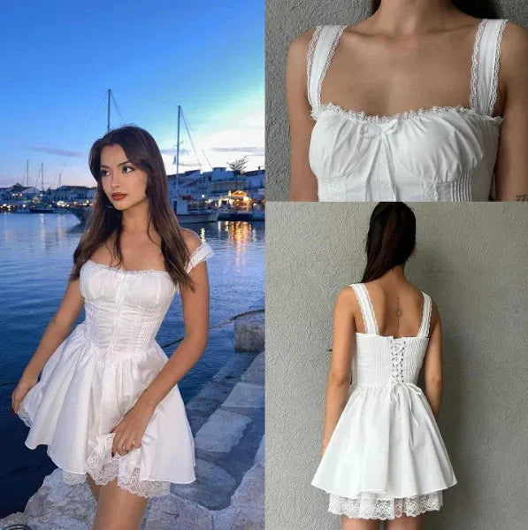 Romantic A-Line Square Neck Lace Satin White Mini Homecoming Dress