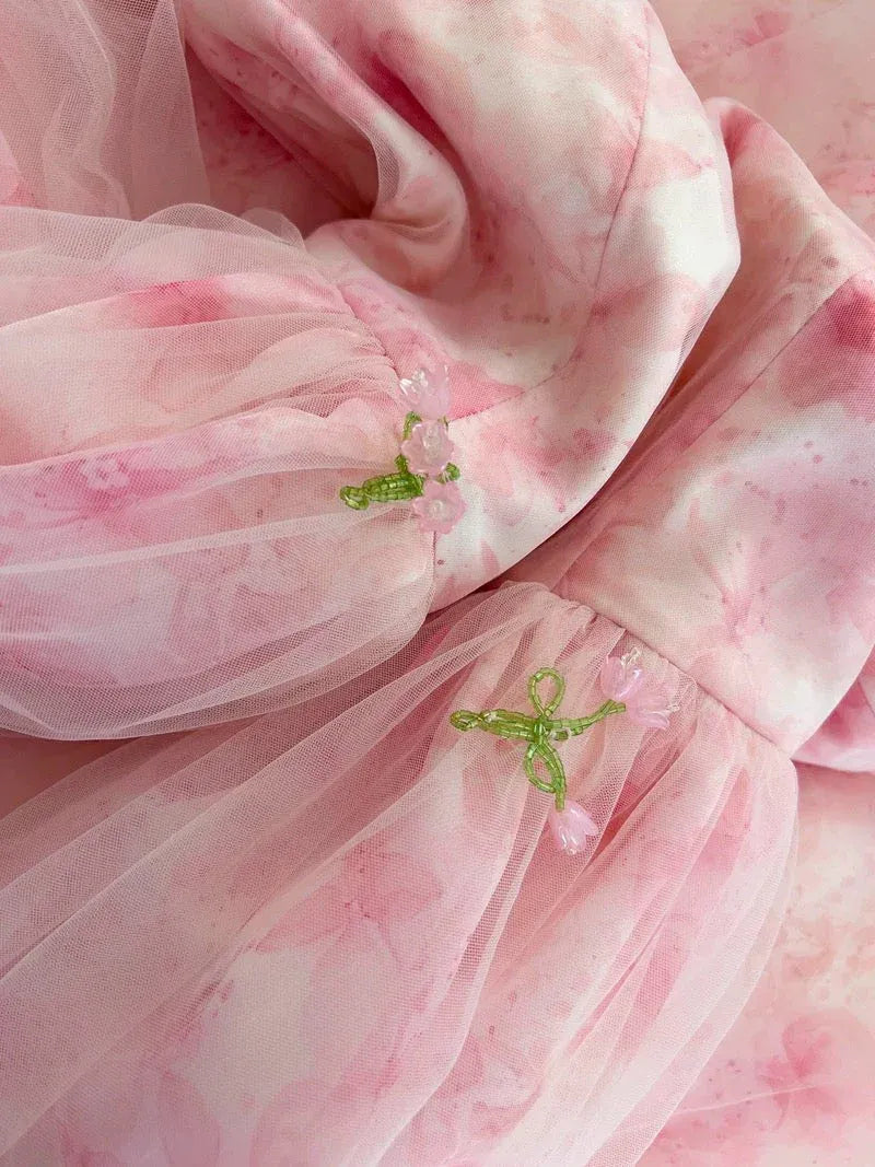 Romantic A-Line Square Neck Puff Sleeve Floral Pink Long Prom Dress For Women Ready To Ship