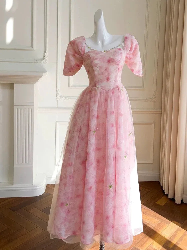 Romantic A-Line Square Neck Puff Sleeve Floral Pink Long Prom Dress For Women Ready To Ship