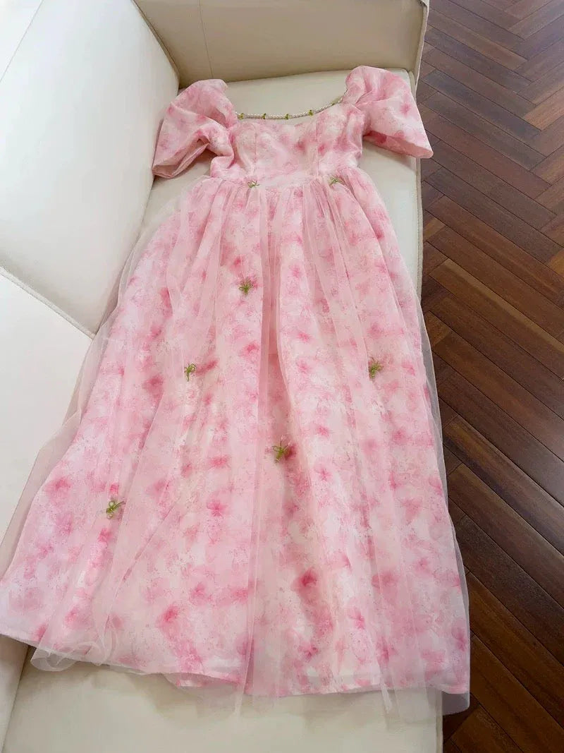 Romantic A-Line Square Neck Puff Sleeve Floral Pink Long Prom Dress For Women Ready To Ship