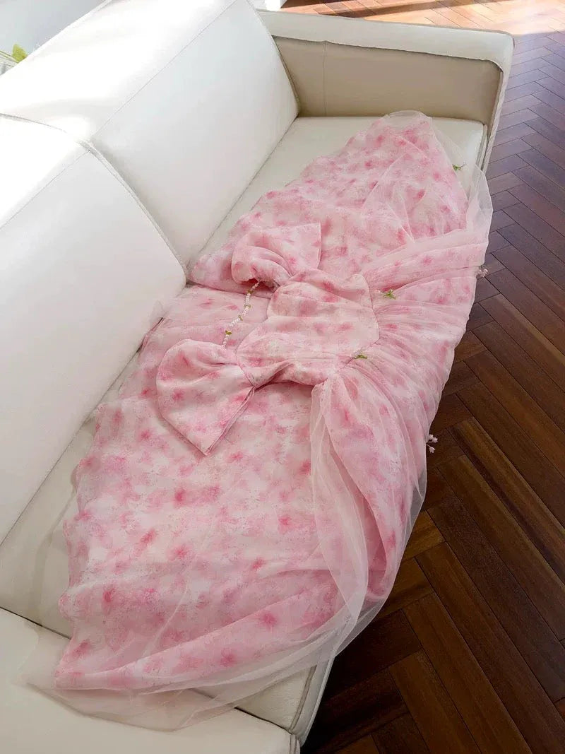 Romantic A-Line Square Neck Puff Sleeve Floral Pink Long Prom Dress For Women Ready To Ship