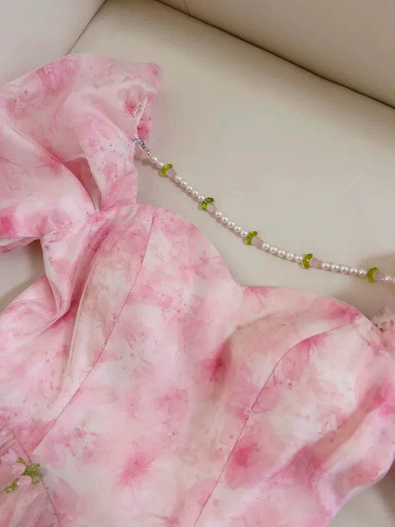 Romantic A-Line Square Neck Puff Sleeve Floral Pink Long Prom Dress For Women Ready To Ship