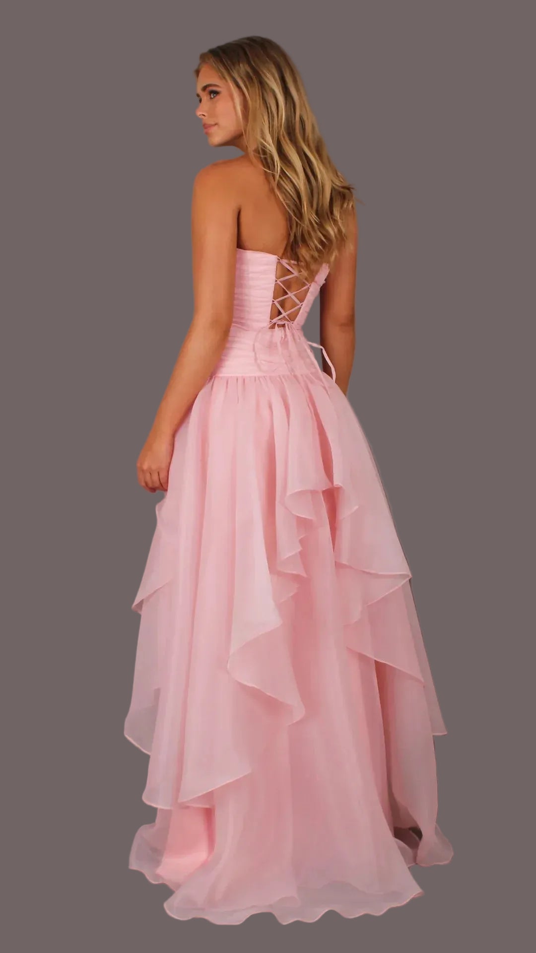 Romantic A-Line Strapless Ruched Tiered Ruffled High Slit Pink Floor-Length Prom Dress