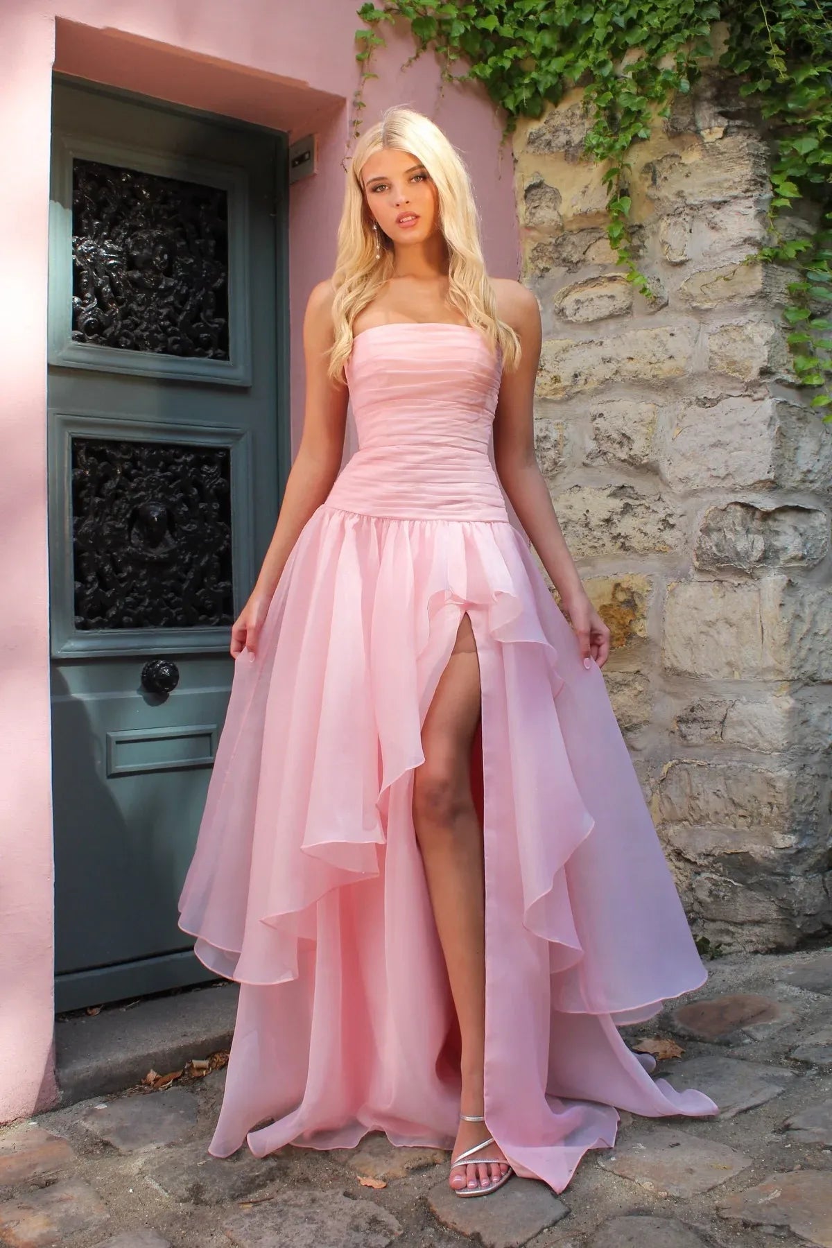 Romantic A-Line Strapless Ruched Tiered Ruffled High Slit Pink Floor-Length Prom Dress