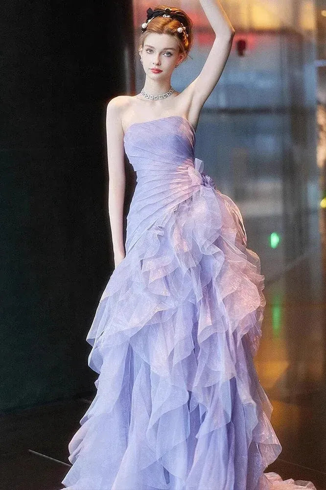 Romantic A-Line Strapless Ruched Tiered Shimmer Lavender Floor-Length Prom Dress