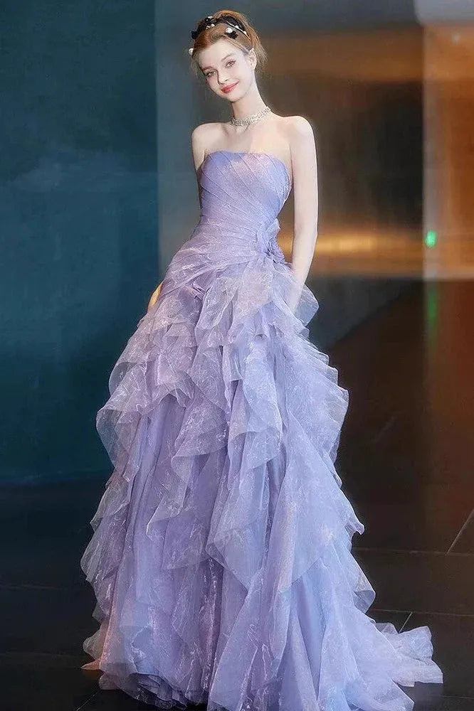 Romantic A-Line Strapless Ruched Tiered Shimmer Lavender Floor-Length Prom Dress