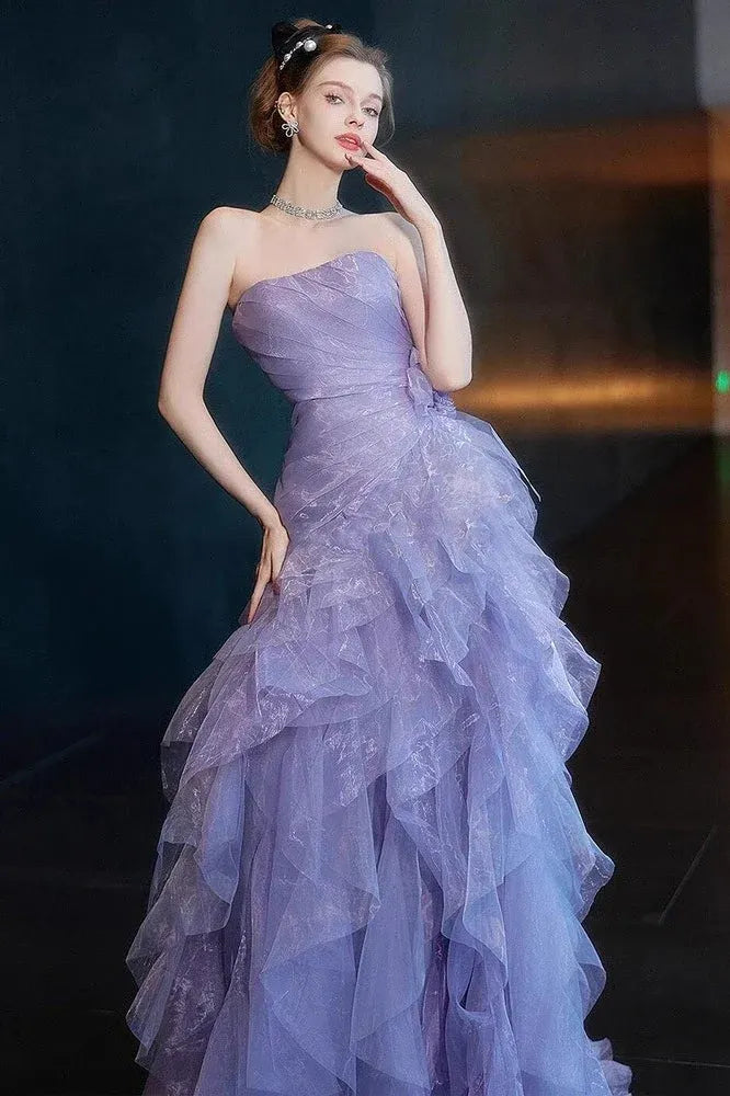 Romantic A-Line Strapless Ruched Tiered Shimmer Lavender Floor-Length Prom Dress