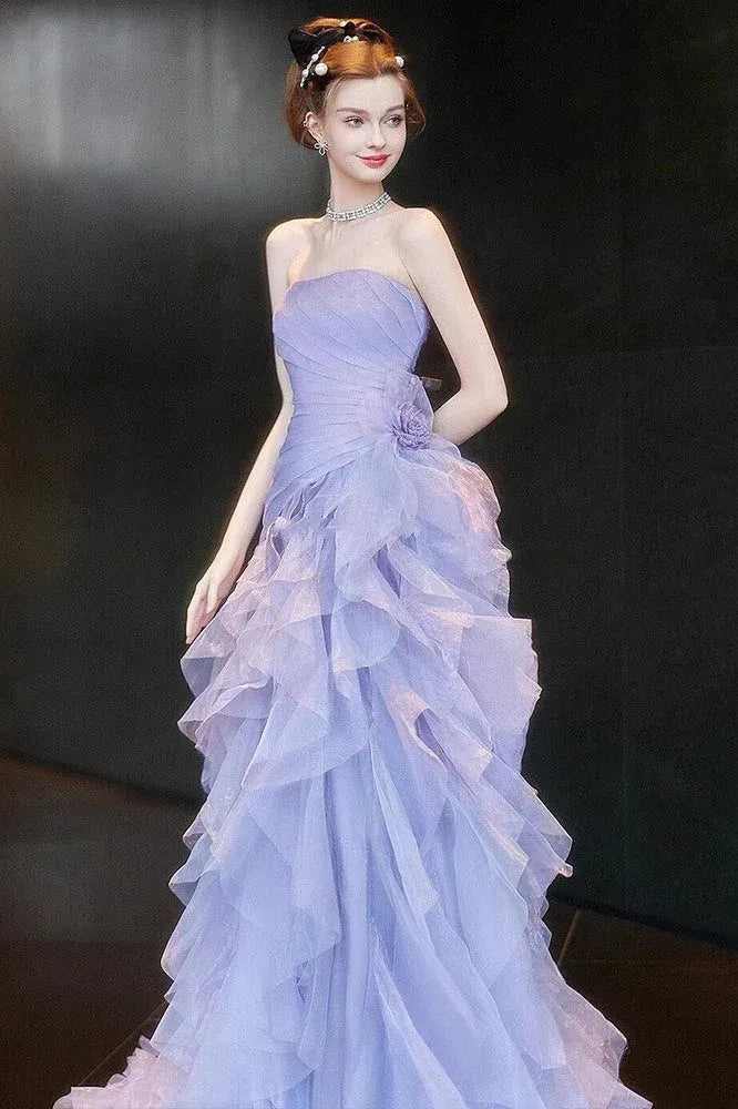 Romantic A-Line Strapless Ruched Tiered Shimmer Lavender Floor-Length Prom Dress