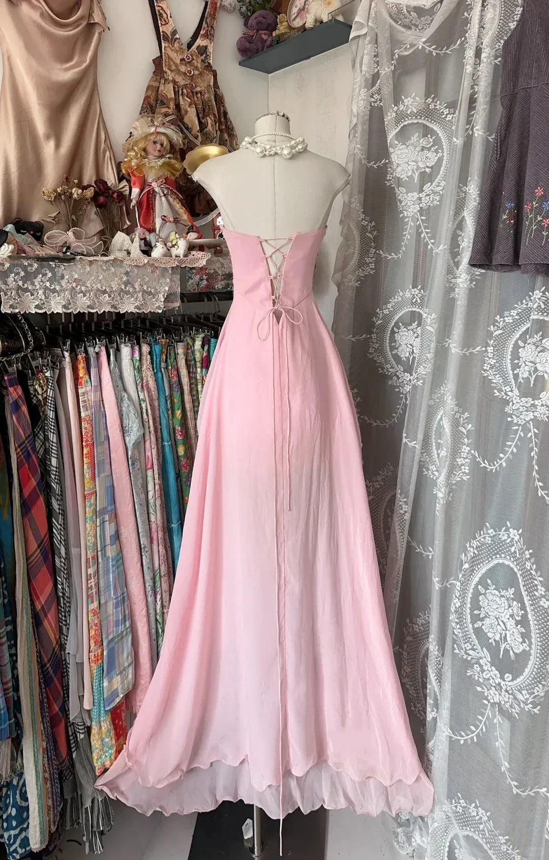 Romantic A-Line Strapless Ruffled Chiffon Blush High-Low Prom Dress for Women
