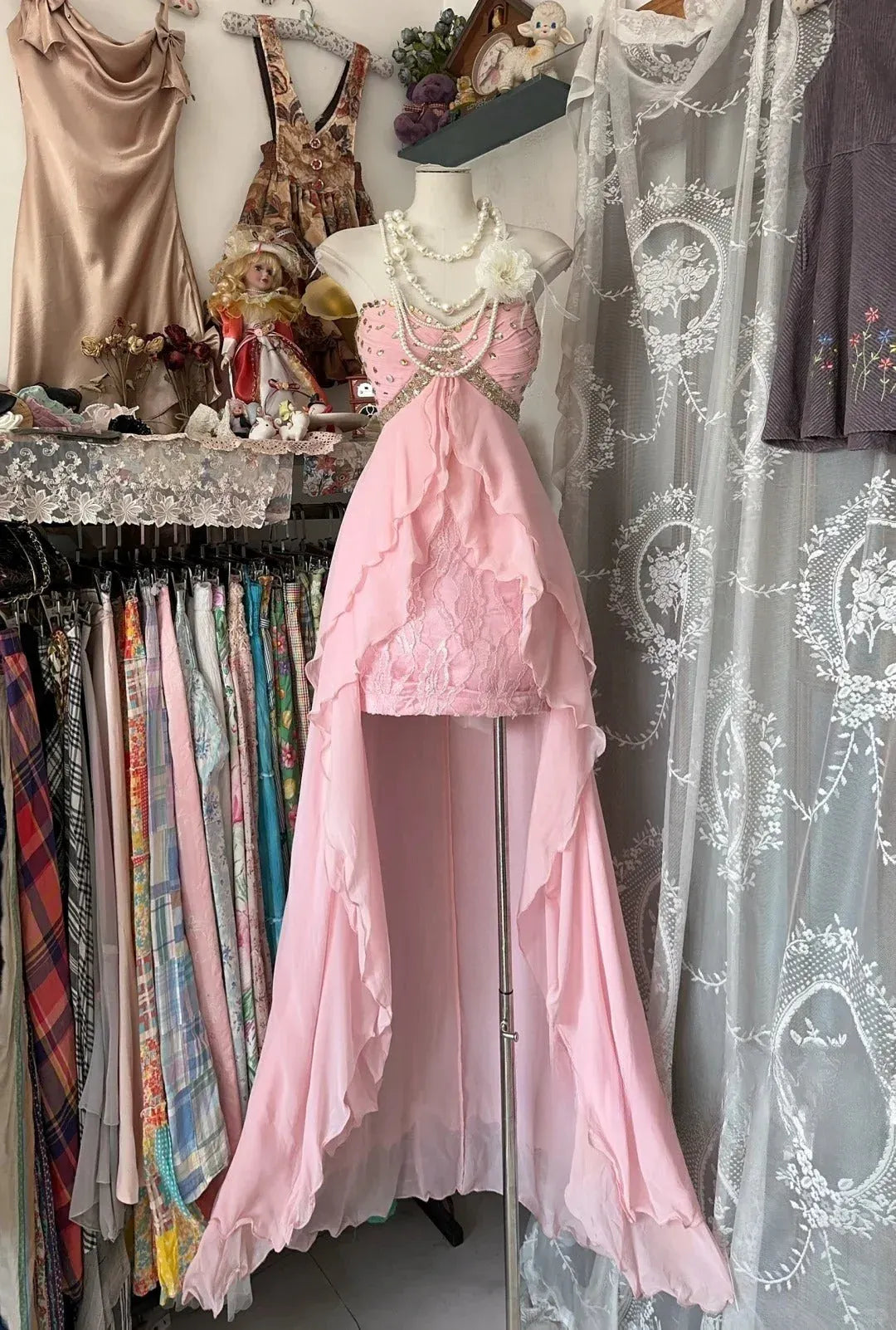 Romantic A-Line Strapless Ruffled Chiffon Blush High-Low Prom Dress for Women