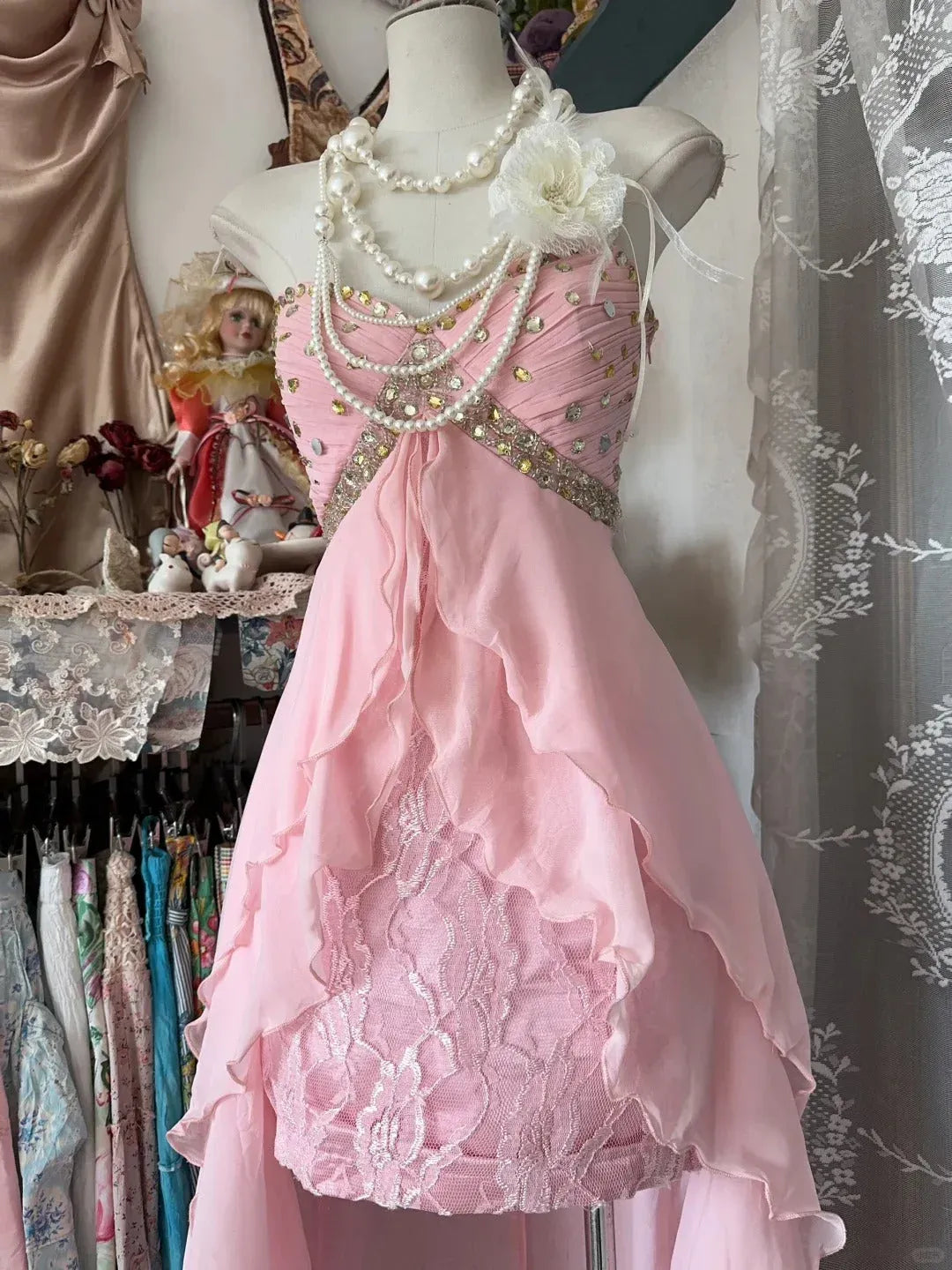 Romantic A-Line Strapless Ruffled Chiffon Blush High-Low Prom Dress for Women