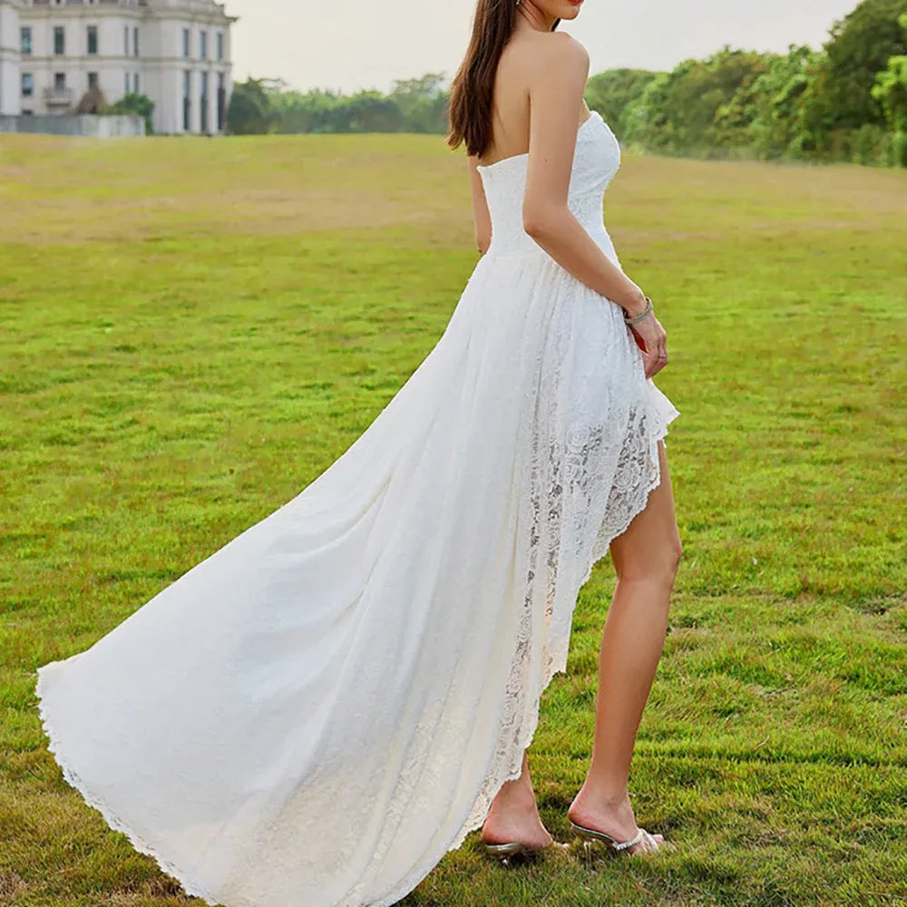 Romantic A-Line Strapless Ruffled Lace White High-Low Prom Dress Custom