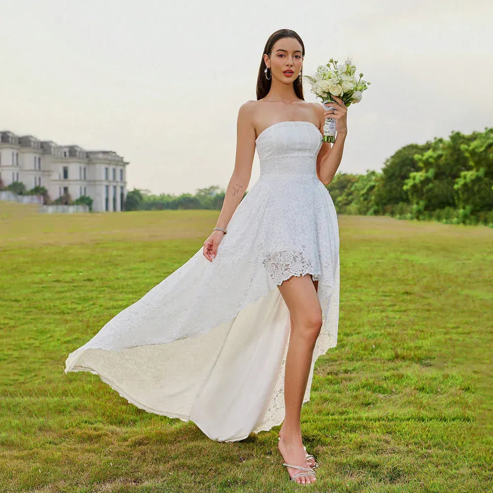 Romantic A-Line Strapless Ruffled Lace White High-Low Prom Dress Custom