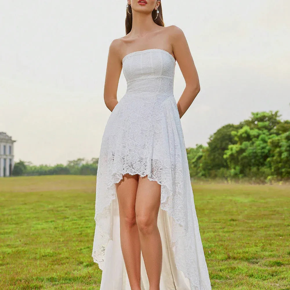Romantic A-Line Strapless Ruffled Lace White High-Low Prom Dress Custom