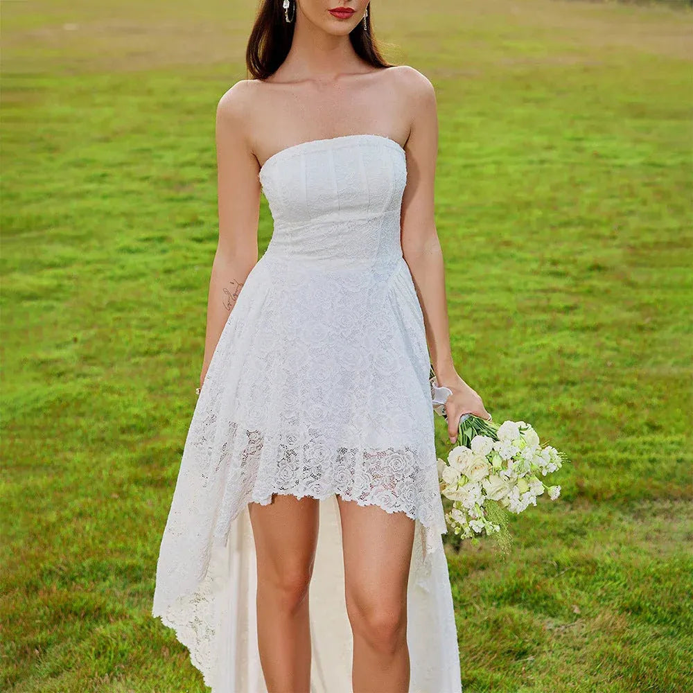 Romantic A-Line Strapless Ruffled Lace White High-Low Prom Dress Custom