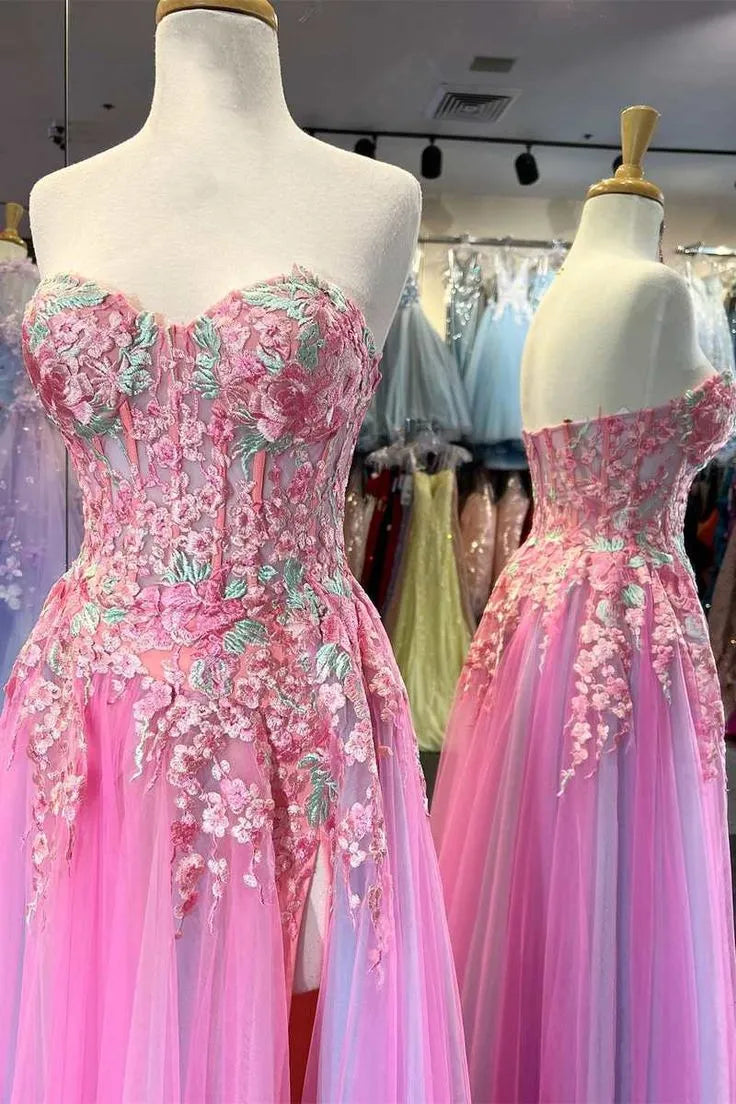 Romantic A-Line Sweetheart-Neck Floral-Embroidered Pink Maxi Prom Dress for Women ready to ship