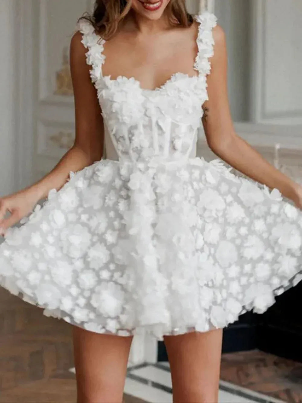 Romantic A-Line Sweetheart Corset 3D-Floral White Short Homecoming Dress