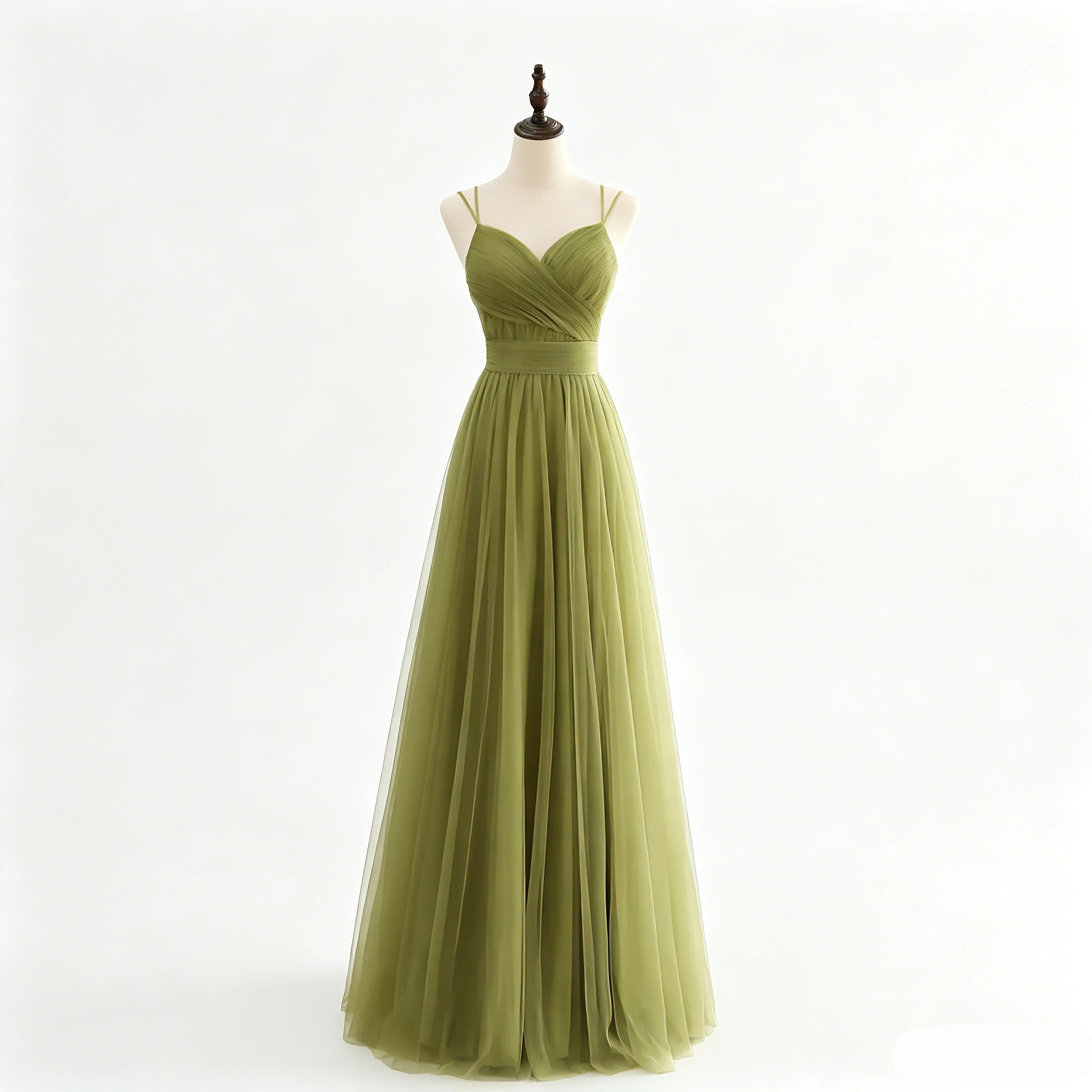 Romantic A-Line Sweetheart Double Straps Tulle Olive Green Floor-Length Prom Dress