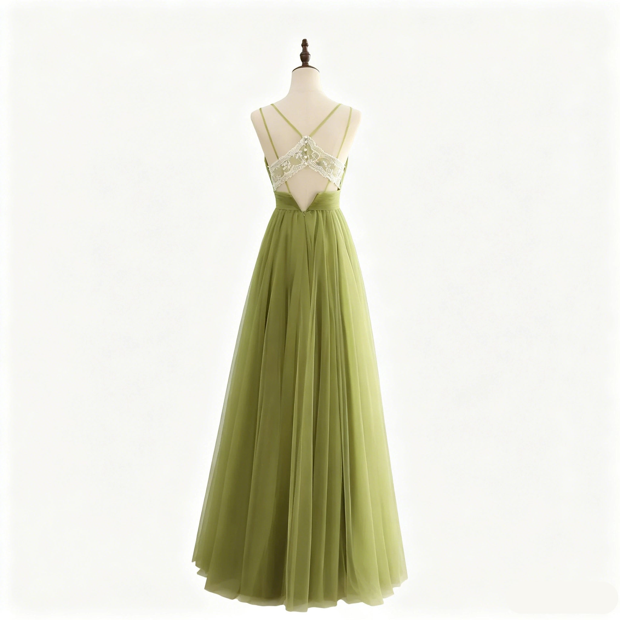 Romantic A-Line Sweetheart Double Straps Tulle Olive Green Floor-Length Prom Dress