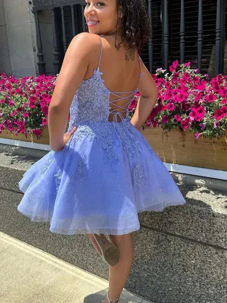 Romantic A-Line Sweetheart Lace Tulle Lavender Short Homecoming Dress