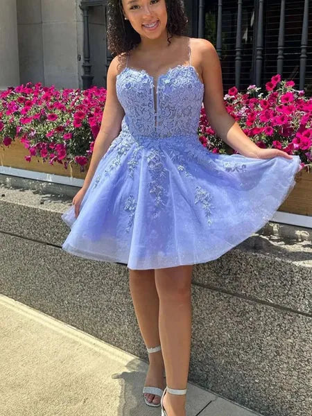 Romantic A-Line Sweetheart Lace Tulle Lavender Short Homecoming Dress