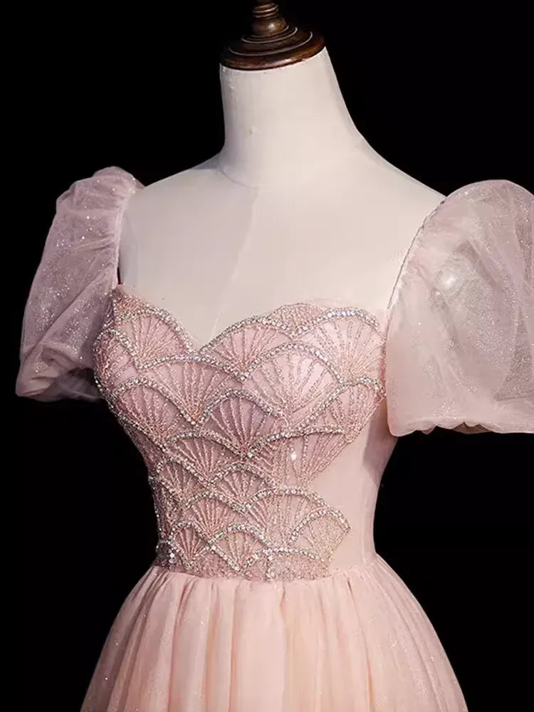Romantic A-Line Sweetheart Neck Puff Sleeve Lace Blush Pink Long Prom Dress For Women Hot Sale