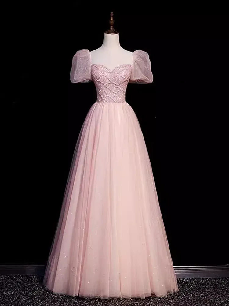 Romantic A-Line Sweetheart Neck Puff Sleeve Lace Blush Pink Long Prom Dress For Women Hot Sale