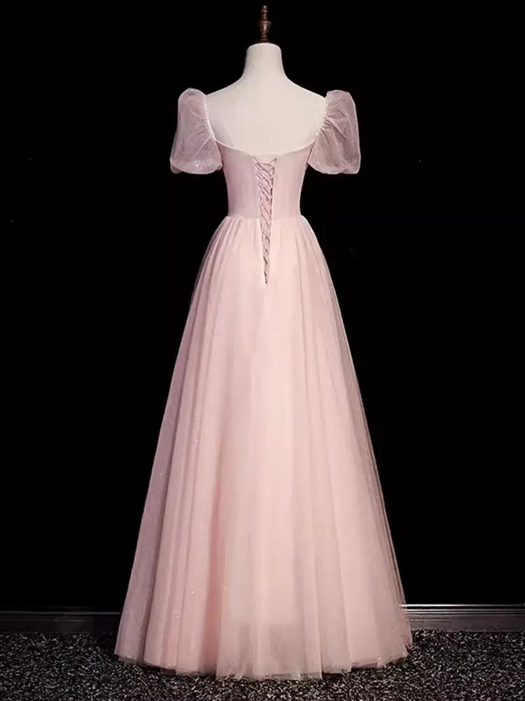 Romantic A-Line Sweetheart Neck Puff Sleeve Lace Blush Pink Long Prom Dress For Women Hot Sale