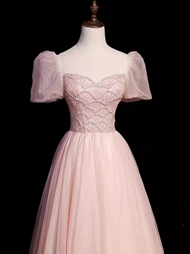 Romantic A-Line Sweetheart Neck Puff Sleeve Lace Blush Pink Long Prom Dress For Women Hot Sale