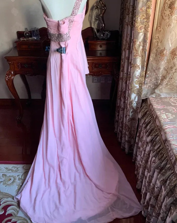 Romantic A-Line Sweetheart Neck Sleeveless Beaded Blush Pink Maxi Prom Dress for Women Ready to Ship