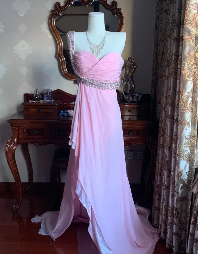 Romantic A-Line Sweetheart Neck Sleeveless Beaded Blush Pink Maxi Prom Dress for Women Ready to Ship