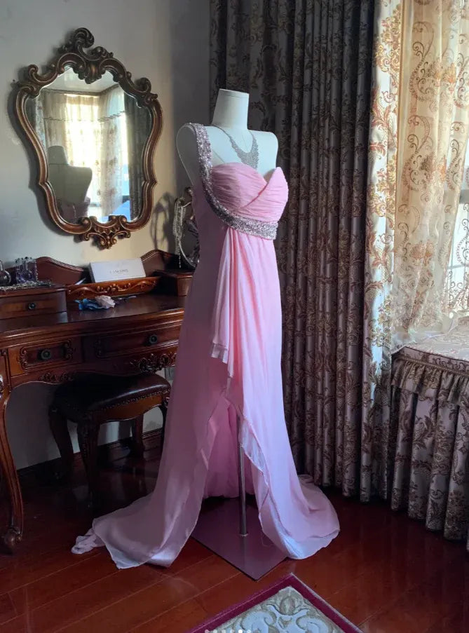 Romantic A-Line Sweetheart Neck Sleeveless Beaded Blush Pink Maxi Prom Dress for Women Ready to Ship