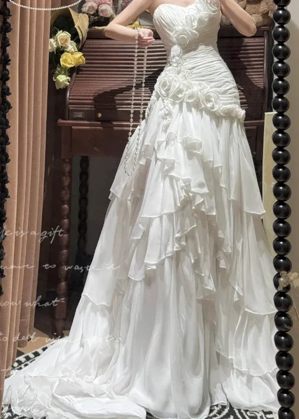 Romantic A-Line Sweetheart Neck Sleeveless Floral White Maxi Wedding Dress for Women Ready to Ship