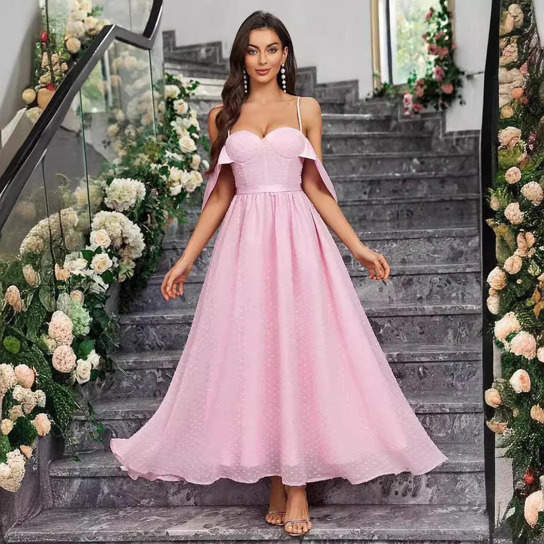Romantic A-Line Sweetheart Sleeveless Cape-Accent Blush Midi Prom Dress for Women Ready to Ship