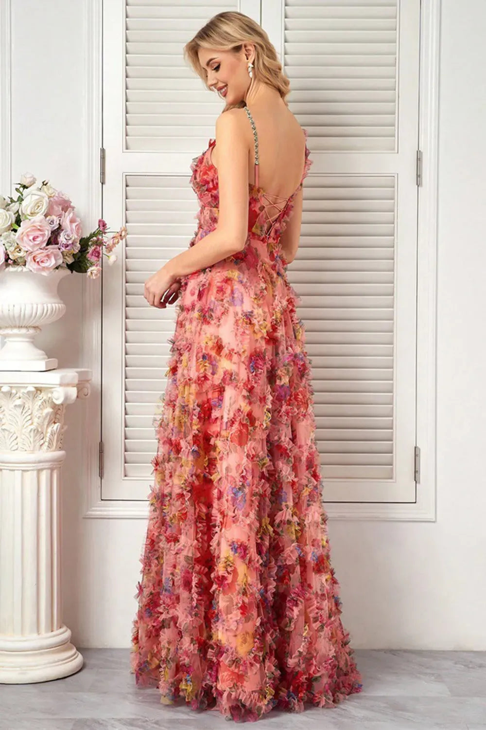 Romantic A-Line V-Neck Floral Ruffle Pink Floor-Length Prom Dress For Women