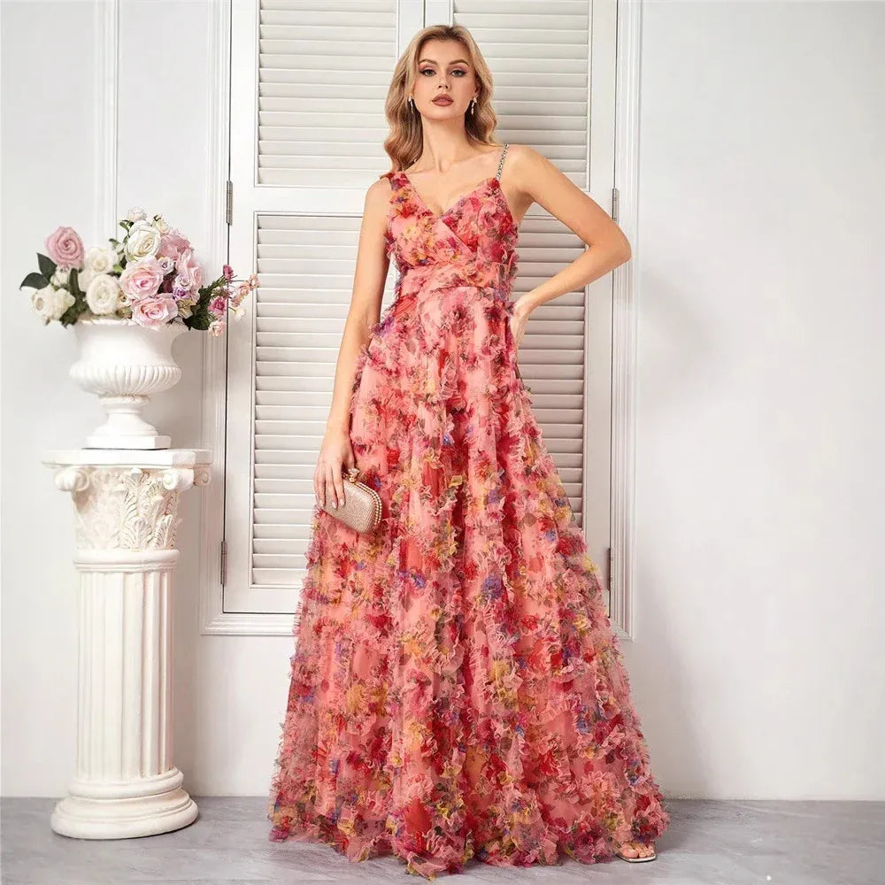 Romantic A-Line V-Neck Floral Ruffle Pink Floor-Length Prom Dress For Women