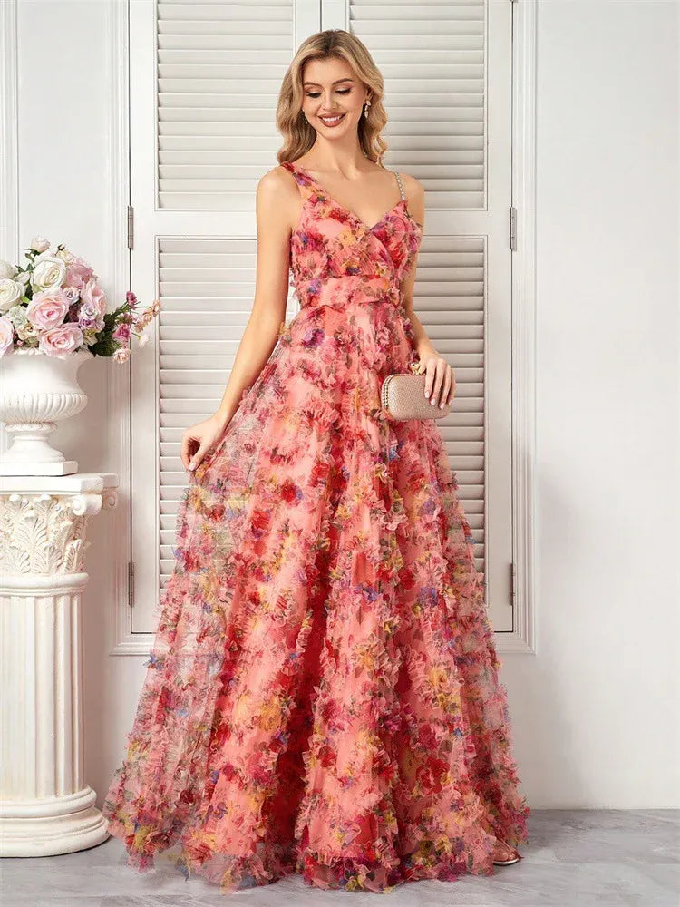 Romantic A-Line V-Neck Floral Ruffle Pink Floor-Length Prom Dress For Women