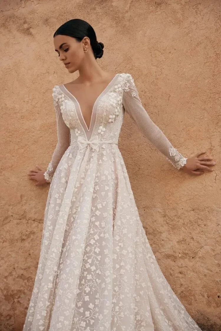 Romantic A-Line V-Neck Long-Sleeve Lace-Embroidered Bow Ivory Train Wedding Dress